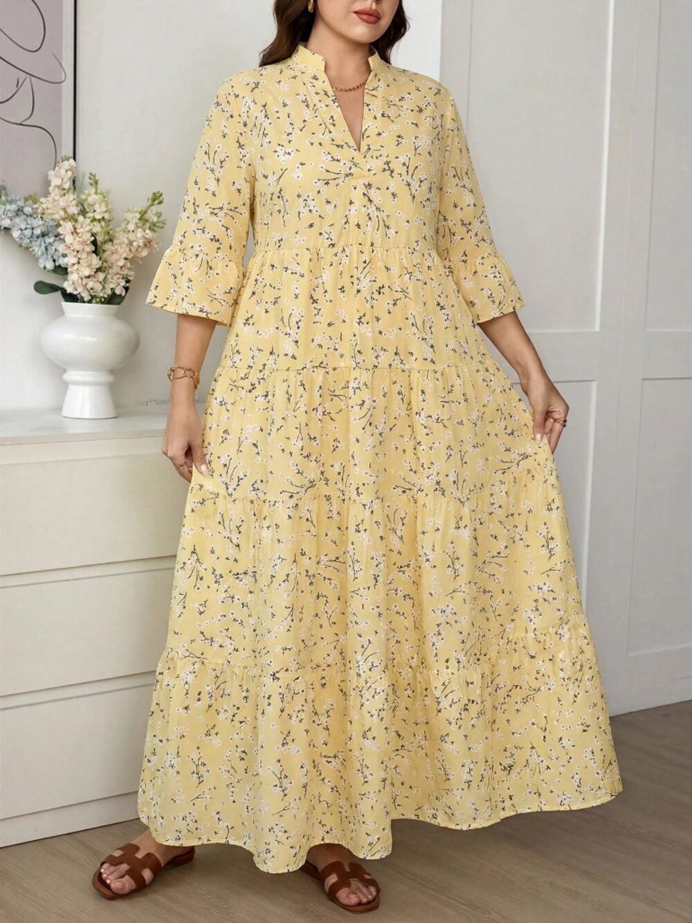 Yellow Boho Women's Ditsy Floral Sleeve Patchwork Tiered Maxi Dress - Picture 4 of 8
